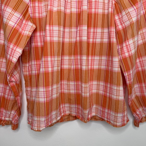 J.Crew Plaid Peasant Top 100% Cotton Ruffle Orange Pink Med Cottagecore Prairie - Picture 6 of 14